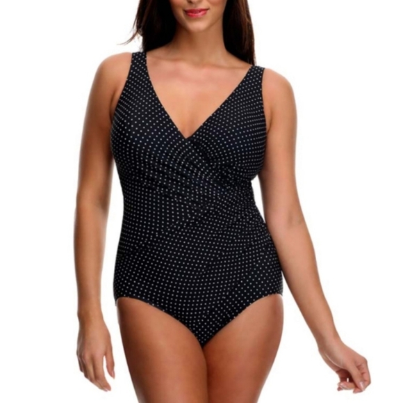 MIRACLESUIT Size 12 Oceanus Pinpoint Swimsuit Body Shaping Slim Crossover - Picture 1 of 10